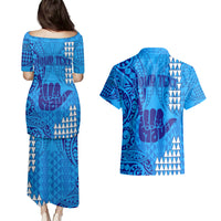 Personalised Strong Maui Couples Matching Puletasi Dress and Hawaiian Shirt Good Living Hawaii with Shaka Sign Kakau Tribal Blue LT9 - Wonder Print Shop
