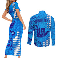 Personalised Strong Maui Couples Matching Short Sleeve Bodycon Dress and Long Sleeve Button Shirts Good Living Hawaii with Shaka Sign Kakau Tribal Blue LT9 - Wonder Print Shop