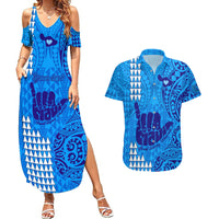 Personalised Strong Maui Couples Matching Summer Maxi Dress and Hawaiian Shirt Good Living Hawaii with Shaka Sign Kakau Tribal Blue LT9 - Wonder Print Shop