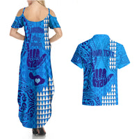 Personalised Strong Maui Couples Matching Summer Maxi Dress and Hawaiian Shirt Good Living Hawaii with Shaka Sign Kakau Tribal Blue LT9 - Wonder Print Shop