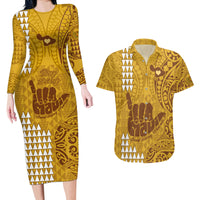 Strong Maui Couples Matching Long Sleeve Bodycon Dress and Hawaiian Shirt Good Living Hawaii with Shaka Sign Kakau Tribal Gold LT9 - Wonder Print Shop