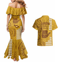Strong Maui Couples Matching Mermaid Dress and Hawaiian Shirt Good Living Hawaii with Shaka Sign Kakau Tribal Gold LT9 - Wonder Print Shop
