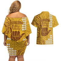 Strong Maui Couples Matching Off Shoulder Short Dress and Hawaiian Shirt Good Living Hawaii with Shaka Sign Kakau Tribal Gold LT9 - Wonder Print Shop