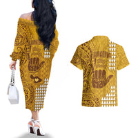 Strong Maui Couples Matching Off The Shoulder Long Sleeve Dress and Hawaiian Shirt Good Living Hawaii with Shaka Sign Kakau Tribal Gold LT9 - Wonder Print Shop