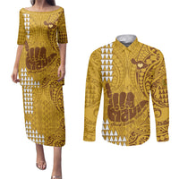 Strong Maui Couples Matching Puletasi Dress and Long Sleeve Button Shirts Good Living Hawaii with Shaka Sign Kakau Tribal Gold LT9 - Wonder Print Shop