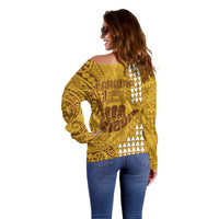 Strong Maui Off Shoulder Sweater Good Living Hawaii with Shaka Sign Kakau Tribal Gold - Wonder Print Shop