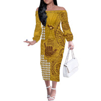 Strong Maui Off The Shoulder Long Sleeve Dress Good Living Hawaii with Shaka Sign Kakau Tribal Gold - Wonder Print Shop