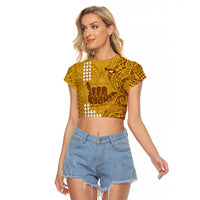 Strong Maui Raglan Cropped T Shirt Good Living Hawaii with Shaka Sign Kakau Tribal Gold - Wonder Print Shop