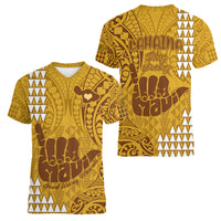 Strong Maui Women V Neck T Shirt Good Living Hawaii with Shaka Sign Kakau Tribal Gold - Wonder Print Shop