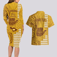Personalised Strong Maui Couples Matching Long Sleeve Bodycon Dress and Hawaiian Shirt Good Living Hawaii with Shaka Sign Kakau Tribal Gold LT9 - Wonder Print Shop