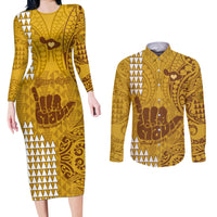 Personalised Strong Maui Couples Matching Long Sleeve Bodycon Dress and Long Sleeve Button Shirts Good Living Hawaii with Shaka Sign Kakau Tribal Gold LT9 - Wonder Print Shop