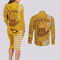 Personalised Strong Maui Couples Matching Long Sleeve Bodycon Dress and Long Sleeve Button Shirts Good Living Hawaii with Shaka Sign Kakau Tribal Gold LT9 - Wonder Print Shop