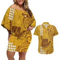 Personalised Strong Maui Couples Matching Off Shoulder Short Dress and Hawaiian Shirt Good Living Hawaii with Shaka Sign Kakau Tribal Gold LT9 - Wonder Print Shop