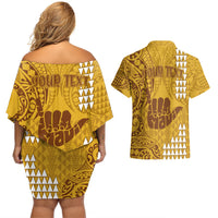 Personalised Strong Maui Couples Matching Off Shoulder Short Dress and Hawaiian Shirt Good Living Hawaii with Shaka Sign Kakau Tribal Gold LT9 - Wonder Print Shop