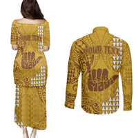 Personalised Strong Maui Couples Matching Puletasi Dress and Long Sleeve Button Shirts Good Living Hawaii with Shaka Sign Kakau Tribal Gold LT9 - Wonder Print Shop