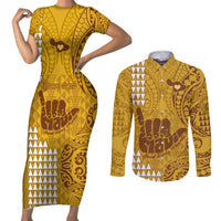 Personalised Strong Maui Couples Matching Short Sleeve Bodycon Dress and Long Sleeve Button Shirts Good Living Hawaii with Shaka Sign Kakau Tribal Gold LT9 - Wonder Print Shop