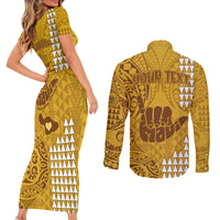 Personalised Strong Maui Couples Matching Short Sleeve Bodycon Dress and Long Sleeve Button Shirts Good Living Hawaii with Shaka Sign Kakau Tribal Gold LT9 - Wonder Print Shop