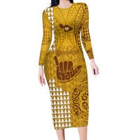 Personalised Strong Maui Long Sleeve Bodycon Dress Good Living Hawaii with Shaka Sign Kakau Tribal Gold - Wonder Print Shop