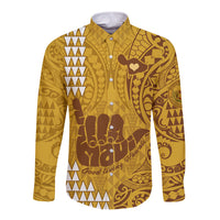 Personalised Strong Maui Long Sleeve Button Shirt Good Living Hawaii with Shaka Sign Kakau Tribal Gold - Wonder Print Shop