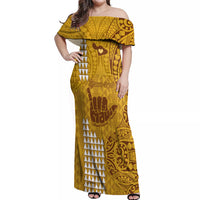 Personalised Strong Maui Off Shoulder Maxi Dress Good Living Hawaii with Shaka Sign Kakau Tribal Gold - Wonder Print Shop