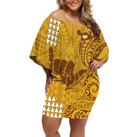 Personalised Strong Maui Off Shoulder Short Dress Good Living Hawaii with Shaka Sign Kakau Tribal Gold - Wonder Print Shop