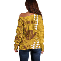 Personalised Strong Maui Off Shoulder Sweater Good Living Hawaii with Shaka Sign Kakau Tribal Gold - Wonder Print Shop
