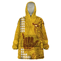 Personalised Strong Maui Wearable Blanket Hoodie Good Living Hawaii with Shaka Sign Kakau Tribal Gold - Wonder Print Shop