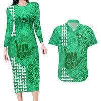 Strong Maui Couples Matching Long Sleeve Bodycon Dress and Hawaiian Shirt Good Living Hawaii with Shaka Sign Kakau Tribal Green LT9 - Wonder Print Shop