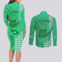 Strong Maui Couples Matching Long Sleeve Bodycon Dress and Long Sleeve Button Shirts Good Living Hawaii with Shaka Sign Kakau Tribal Green LT9 - Wonder Print Shop