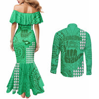 strong-maui-couples-matching-mermaid-dress-and-long-sleeve-button-shirts-good-living-hawaii-with-shaka-sign-kakau-tribal-green