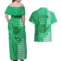 Strong Maui Couples Matching Off Shoulder Maxi Dress and Hawaiian Shirt Good Living Hawaii with Shaka Sign Kakau Tribal Green LT9 - Wonder Print Shop