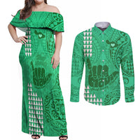 Strong Maui Couples Matching Off Shoulder Maxi Dress and Long Sleeve Button Shirts Good Living Hawaii with Shaka Sign Kakau Tribal Green LT9 - Wonder Print Shop