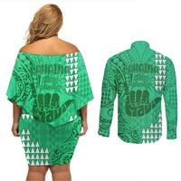 Strong Maui Couples Matching Off Shoulder Short Dress and Long Sleeve Button Shirts Good Living Hawaii with Shaka Sign Kakau Tribal Green LT9 - Wonder Print Shop