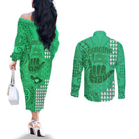 strong-maui-couples-matching-off-the-shoulder-long-sleeve-dress-and-long-sleeve-button-shirts-good-living-hawaii-with-shaka-sign-kakau-tribal-green