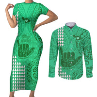 Strong Maui Couples Matching Short Sleeve Bodycon Dress and Long Sleeve Button Shirts Good Living Hawaii with Shaka Sign Kakau Tribal Green LT9 - Wonder Print Shop