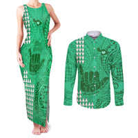Strong Maui Couples Matching Tank Maxi Dress and Long Sleeve Button Shirts Good Living Hawaii with Shaka Sign Kakau Tribal Green LT9 - Wonder Print Shop