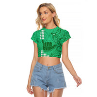Strong Maui Raglan Cropped T Shirt Good Living Hawaii with Shaka Sign Kakau Tribal Green - Wonder Print Shop
