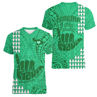 Strong Maui Women V Neck T Shirt Good Living Hawaii with Shaka Sign Kakau Tribal Green - Wonder Print Shop