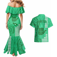 Personalised Strong Maui Couples Matching Mermaid Dress and Hawaiian Shirt Good Living Hawaii with Shaka Sign Kakau Tribal Green LT9 - Wonder Print Shop