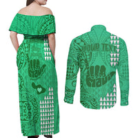 Personalised Strong Maui Couples Matching Off Shoulder Maxi Dress and Long Sleeve Button Shirts Good Living Hawaii with Shaka Sign Kakau Tribal Green LT9 - Wonder Print Shop