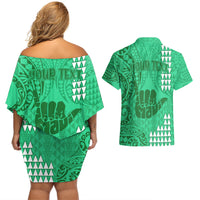 Personalised Strong Maui Couples Matching Off Shoulder Short Dress and Hawaiian Shirt Good Living Hawaii with Shaka Sign Kakau Tribal Green LT9 - Wonder Print Shop