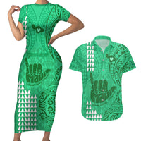 Personalised Strong Maui Couples Matching Short Sleeve Bodycon Dress and Hawaiian Shirt Good Living Hawaii with Shaka Sign Kakau Tribal Green LT9 - Wonder Print Shop