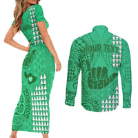 Personalised Strong Maui Couples Matching Short Sleeve Bodycon Dress and Long Sleeve Button Shirts Good Living Hawaii with Shaka Sign Kakau Tribal Green LT9 - Wonder Print Shop
