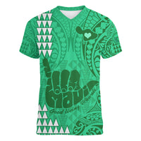 Personalised Strong Maui Women V Neck T Shirt Good Living Hawaii with Shaka Sign Kakau Tribal Green - Wonder Print Shop