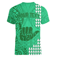 Personalised Strong Maui Women V Neck T Shirt Good Living Hawaii with Shaka Sign Kakau Tribal Green - Wonder Print Shop