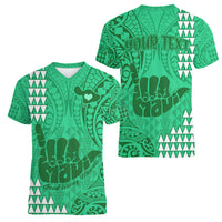 Personalised Strong Maui Women V Neck T Shirt Good Living Hawaii with Shaka Sign Kakau Tribal Green - Wonder Print Shop