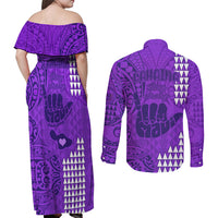 Strong Maui Couples Matching Off Shoulder Maxi Dress and Long Sleeve Button Shirts Good Living Hawaii with Shaka Sign Kakau Tribal Purple LT9 - Wonder Print Shop