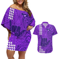 Strong Maui Couples Matching Off Shoulder Short Dress and Hawaiian Shirt Good Living Hawaii with Shaka Sign Kakau Tribal Purple LT9 - Wonder Print Shop