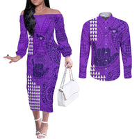 strong-maui-couples-matching-off-the-shoulder-long-sleeve-dress-and-long-sleeve-button-shirts-good-living-hawaii-with-shaka-sign-kakau-tribal-purple