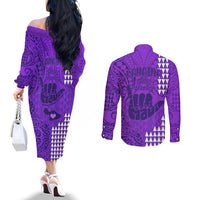 strong-maui-couples-matching-off-the-shoulder-long-sleeve-dress-and-long-sleeve-button-shirts-good-living-hawaii-with-shaka-sign-kakau-tribal-purple